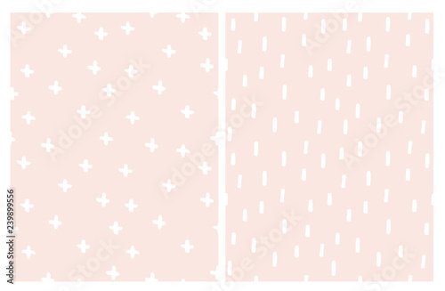 Set of 2 Cute Abstract Vector Patterns. White Stripes and Cross Sign on a Light Pink Background. Simple Hand Drawn Geometric Design. Funny Infantile Style Layouts. Pastel Colors Art.