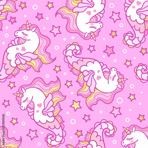 Seamless pattern with sea horses on a pink background. Unicorn. For the design of fabrics, wallpapers and so on. Vector
