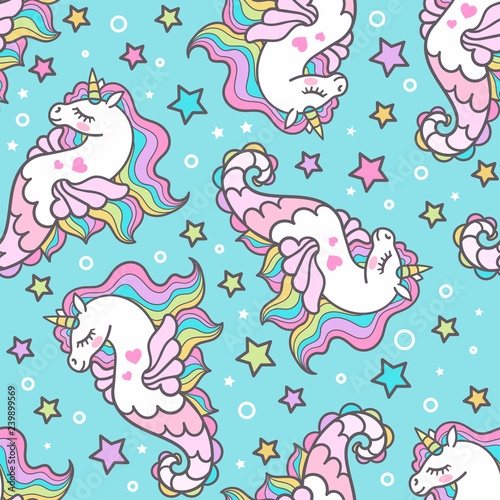 Seamless pattern with sea horses on a blue background. Unicorn. For the design of fabrics, wallpapers and so on. Vector