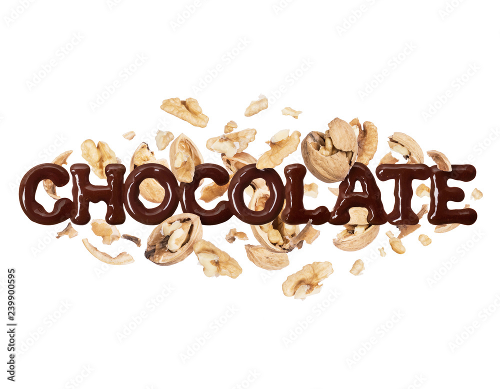 The word chocolate with walnuts on a white background The word chocolate with walnuts on a white background
