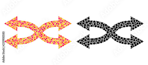 Pixel shuffle arrows horizontal mosaic icons. Vector shuffle arrows horizontal icons in colorful and black versions. Collages of different round dots.