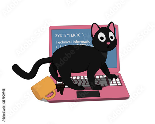 Gray cat and a pink laptop with a screen of death. The cat ruined the laptop. 