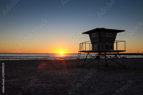 Lifeguard Stand on Oceanside California Beach at Sunset © Rick Lohre