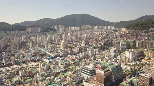 Aerial View Drone Flying Over Busan city South Korea. Korean life and urban view. residential life at Beautiful asian city photo