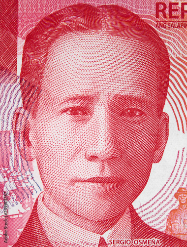 Sergio Osmena face portrait on Philippine 50 peso (2017) banknote, Philippines currency close up. photo