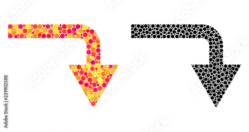 Pixel turn down mosaic icons. Vector turn down pictograms in multi-colored and black versions. Collages of arbitrary round dots.