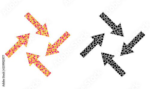 Dot centripetal arrows mosaic icons. Vector centripetal arrows pictograms in colorful and black versions. Collages of irregular spheric spots.