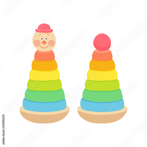 Colorful toy pyramids with clown heads in red funny hat. Cute toy clowns smiling.Classic ring stacker with a fun design. Cartoon vector eps 10 illustration isolated on white background.
