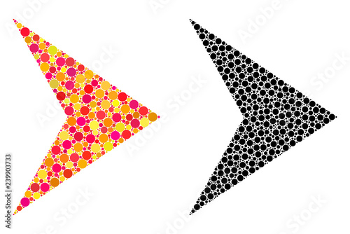 Dot arrowhead right mosaic icons. Vector arrowhead right icons in colorful and black versions. Collages of casual circle dots. Vector compositions of arrowhead right icons composed of random dots.