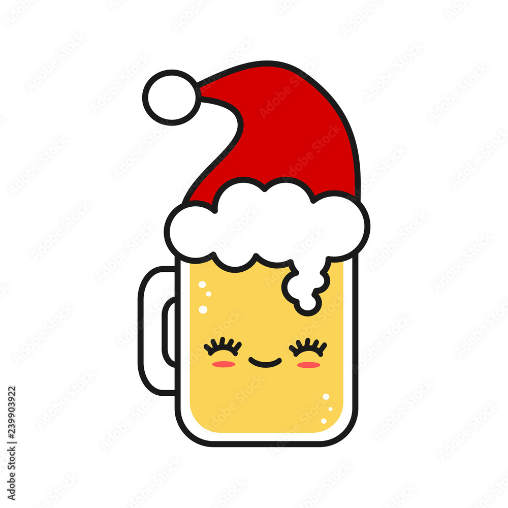 Φωτογραφία cute and funny vector christmas cartoon glass of fresh beer wearing Santa's hat