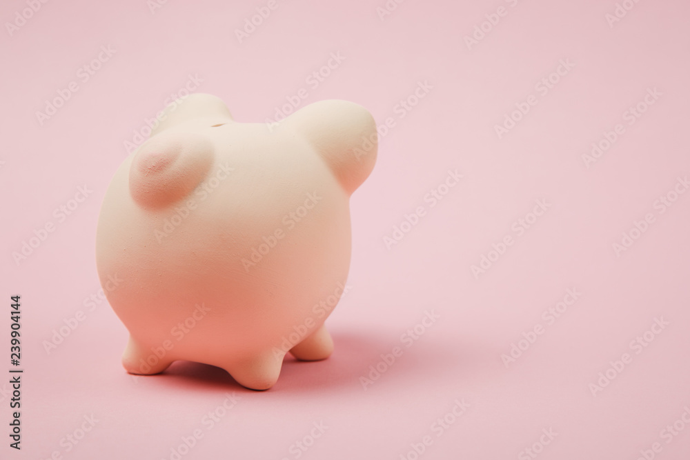 Close up photo, Back rear view of pink piggy money bank isolated on pastel wall background. Money accumulation investment, banking or business services, wealth concept. Copy space advertising mock up.