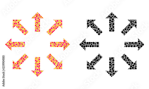 Pixel explode arrows mosaic icons. Vector explode arrows icons in colorful and black versions. Collages of arbitrary circle dots.