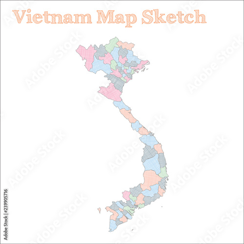Vietnam map. Hand-drawn country. Extraordinary sketchy Vietnam map with regions. Vector illustration.