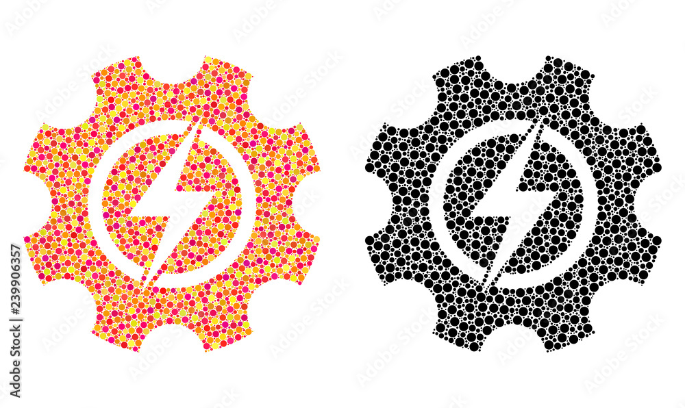 Fototapeta premium Dot electric power cog gear mosaic icons. Vector electric power cog gear icons in bright and black versions. Collages of irregular circle spots.
