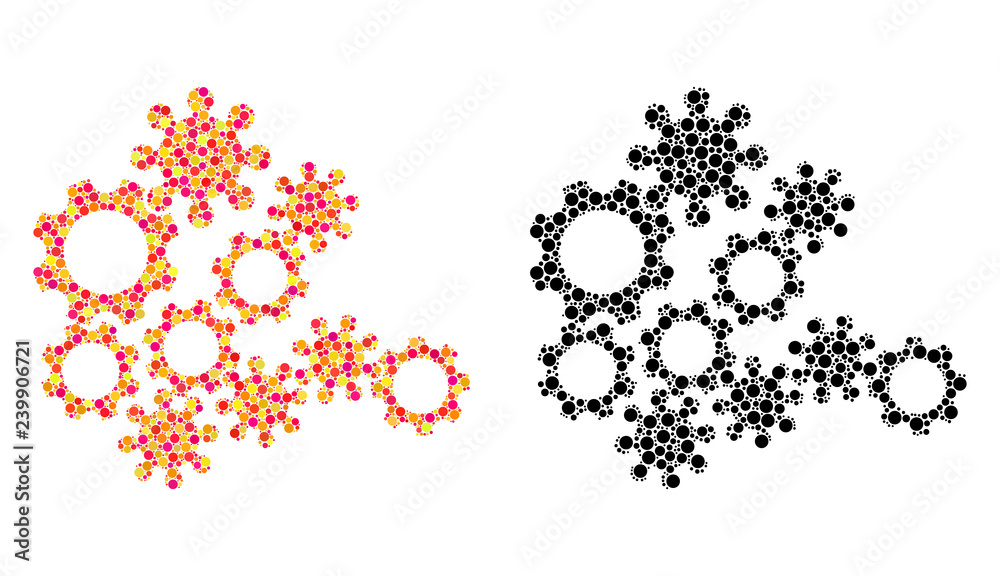 Pixel mechanics gears mosaic icons. Vector mechanics gears icons in colorful and black versions. Collages of casual round spots. Pixel mechanics gears mosaic icons. Vector mechanics gears icons in colorful and black versions. Collages of casual round spots.