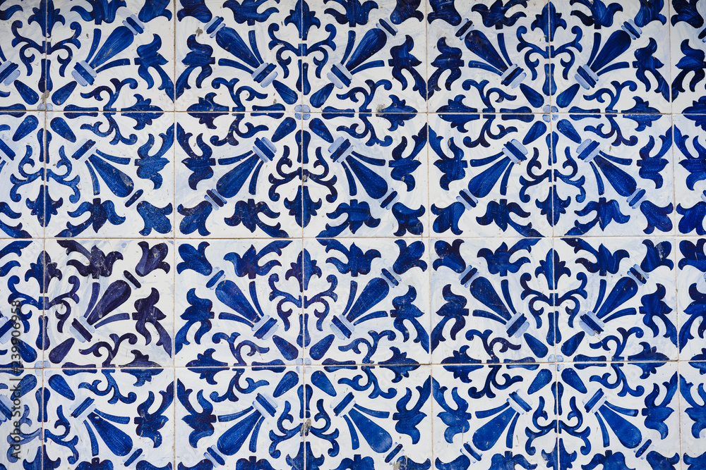 Azulejo, traditional blue-white wall tiles in Lisbon, Portugal