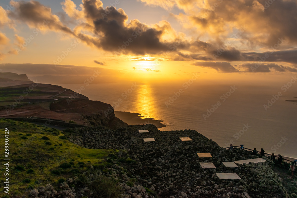 View at Atlantic ocean and La Graciosa island at sunset from El Mirador del Rio in Lanzarote, Canary Islands, Spain.