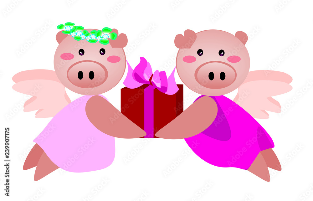 Year of the Pig and New Year 2019 and Chinese New Year. Flat illustration for decoration. Colorful cute cartoon character on background isolated. Year of the Pig and New Year 2019 and Chinese New Year. Flat illustration for decoration. Colorful cute cartoon character on background isolated.