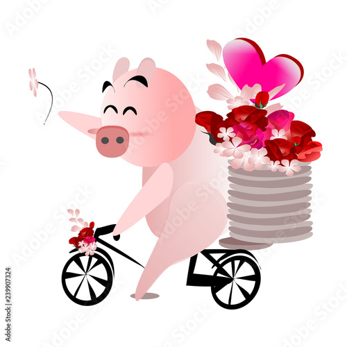 Year of the Pig and New Year 2019 and Chinese New Year. Flat illustration for decoration. Colorful cute cartoon character on white background isolated.