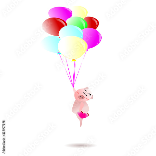 Cute animal cartoon character and colorful balloon and heart  concept  of love for Valentine's Day. Year of the Pig and New Year 2019 and Chinese New Year.  Flat illustration for decoration. © kedkaew