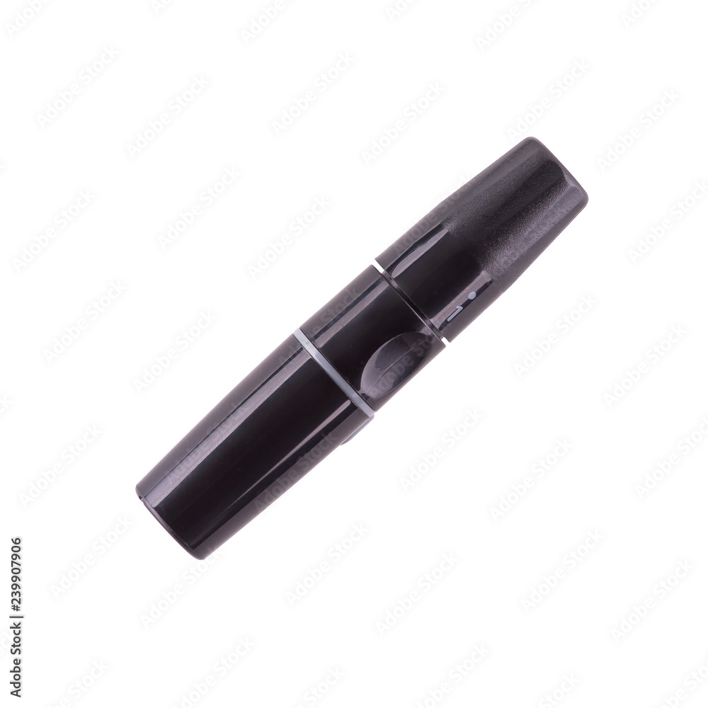 Diabetes lancet prick finger to make punctures to obtain small blood specimens for blood glucose, using glucose meter isolated on a white background Diabetes lancet prick finger to make punctures to obtain small blood specimens for blood glucose, using glucose meter isolated on a white background