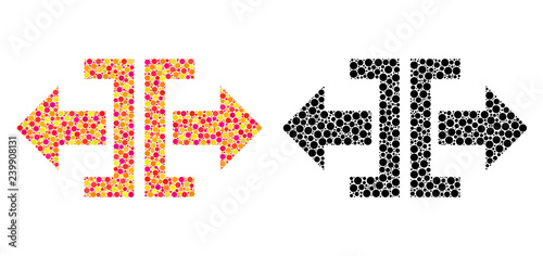 Dot divide horizontal direction mosaic icons. Vector divide horizontal direction icons in colorful and black versions. Collages of different spheric dots.