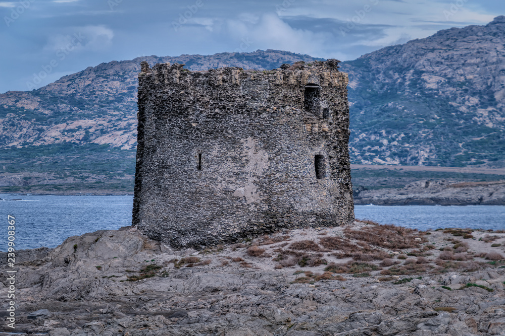 The Aragonese tower, built in 1578, called Pelosa Tower and, on a cloudy morning at Spiaggia della Pelosetta Beach and the Golfo dell'Asinara, Sardinia, Italy