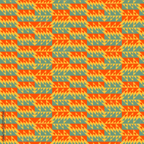 colorful intricate triangles repeating pattern in red, green and orange with 3D illusion for textile, fabric, background, backdrop, wallpaper and creative surface designs. pattern swatch at eps. file