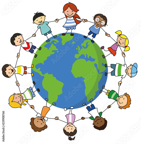 happy kids holding hands on world illustration , children around the world -