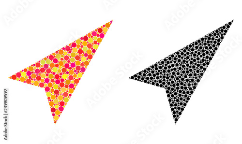 Dot arrowhead right-up mosaic icons. Vector arrowhead right-up icons in multi-colored and black versions. Collages of casual spheric elements.