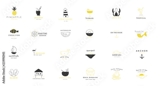 Set of vector hand drawn logo templates. Beach and sea theme.