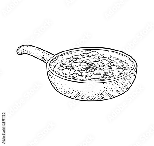 Chili con carne in pan - mexican traditional food. Vector engraving