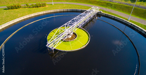 Aerial view to sewage treatment plant. Grey water recycling. Waste management in European Union.