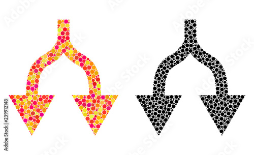 Pixel split arrows down mosaic icons. Vector split arrows down icons in multi-colored and black versions. Collages of arbitrary round elements.