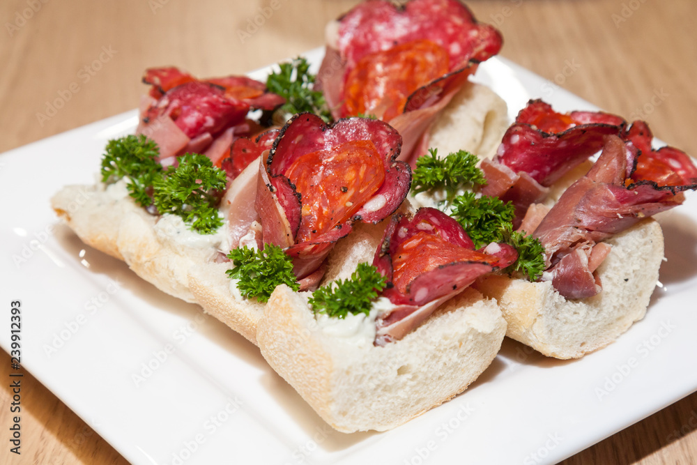 snacks, Slices of bread with prosciutto hamon snacks, Slices of bread with prosciutto hamon