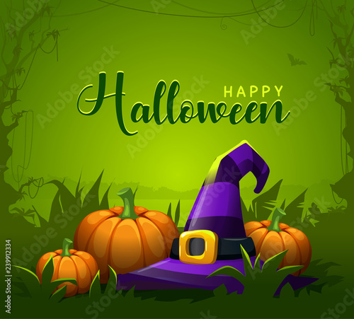 vector hat and pumpkins in forest thickets of bushes