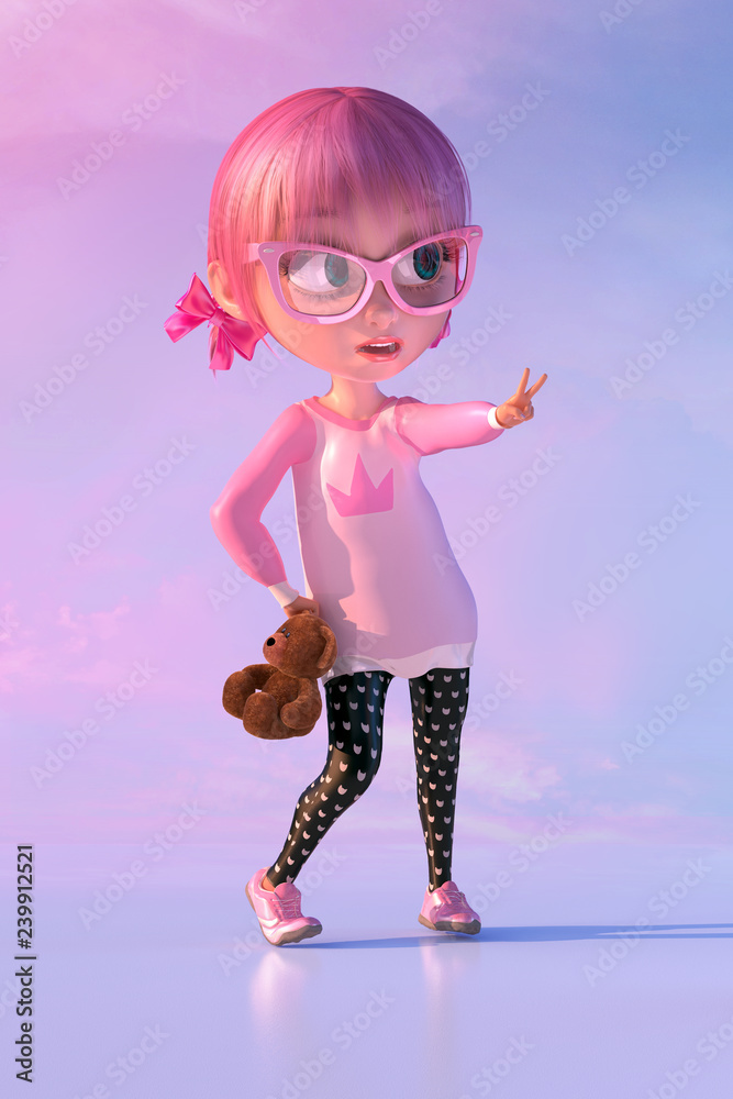 Cute cartoon girl holding fluffy teddy bear toy and showing two fingers  victory sign. Funny cartoon kid character of a little kawaii girl with  glasses and pink anime hairs. 3D render Stock