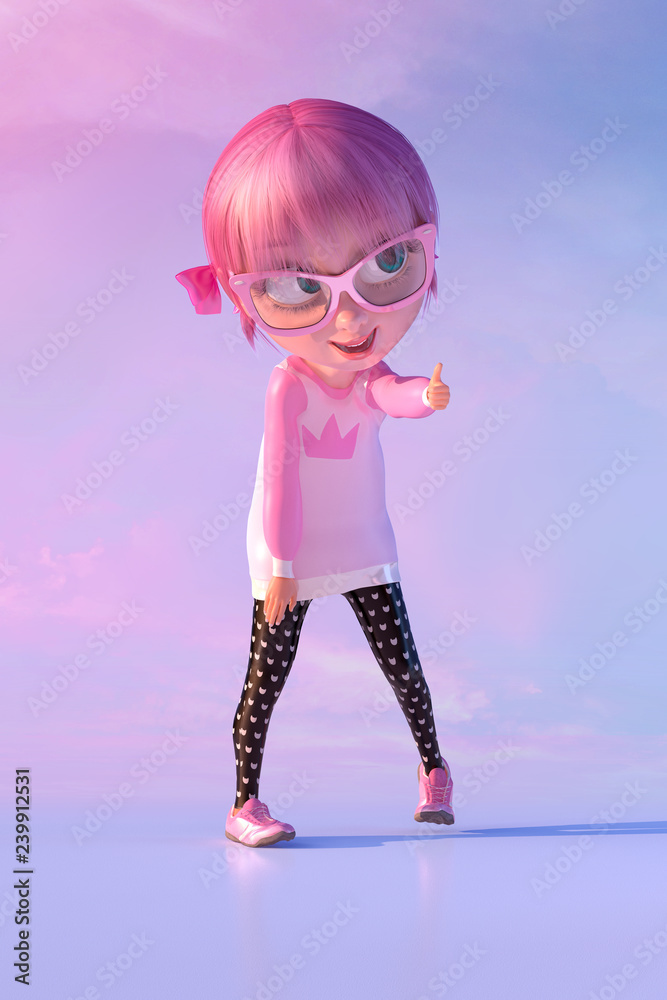 Cute cheerful smiling cartoon girl showing thumb up sign gesture. Funny  cartoon kid character of a little kawaii girl with glasses and pink anime  hairs. 3D render Stock Illustration | Adobe Stock