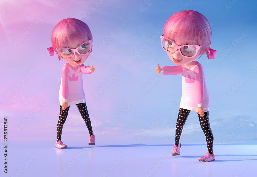 Cute cheerful smiling cartoon girl showing thumb up sign gesture. Funny  cartoon kid character of a little kawaii girl with glasses and pink anime  hairs. Two poses. 3D render Stock Illustration