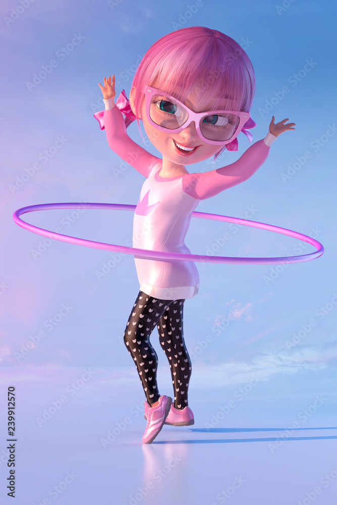 Cute cheerful smiling cartoon girl rotates hula hoop. Funny cartoon kid  character of a little kawaii girl with glasses and pink anime hairs playing  exercising with hoola hoop. 3D render Stock Illustration |