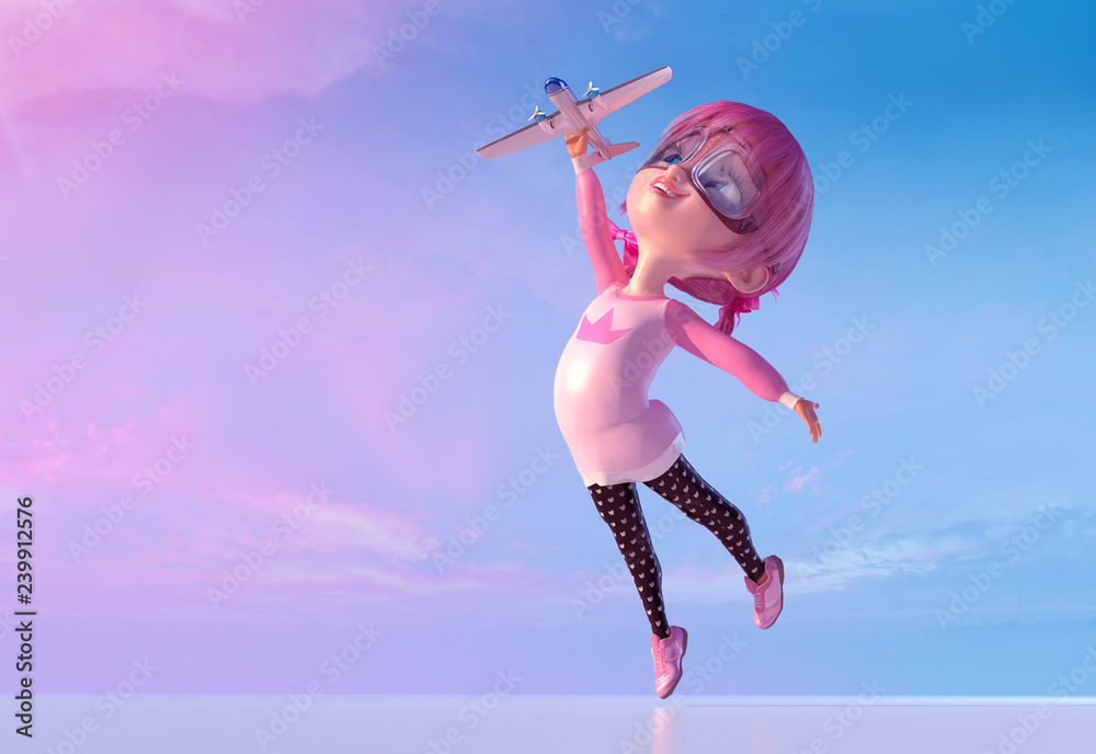 Cheerful smiling cute cartoon girl playing with toy airplane. Funny cartoon  kid character of a little kawaii girl with glasses and pink kawaii hairs  dreaming about travel. 3D render Stock Illustration |