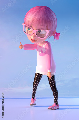 Cute Cheerful Smiling Cartoon Girl Showing Thumb Up Sign Gesture Funny Cartoon Kid Character Of A Little Kawaii Girl With Glasses And Pink Anime Hairs 3d Render Stock Illustration Adobe Stock