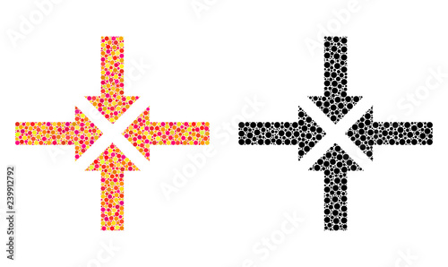 Dotted compress arrows mosaic icons. Vector compress arrows pictograms in colorful and black versions. Collages of different spheric dots.