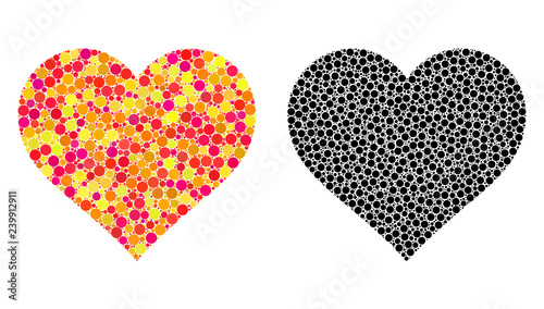 Dotted love heart mosaic icons. Vector love heart icons in multi-colored and black versions. Collages of arbitrary circle elements.