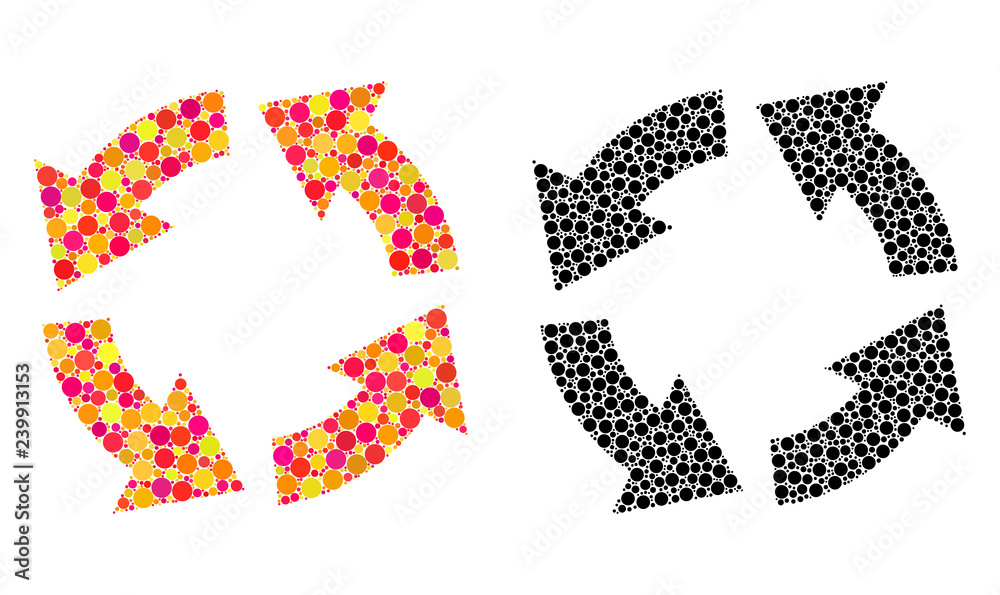 Dot circulation mosaic icons. Vector circulation icons in colorful and black versions. Collages of different round dots. Vector concepts of circulation icons designed of variable dots. Dot circulation mosaic icons. Vector circulation icons in colorful and black versions. Collages of different round dots. Vector concepts of circulation icons designed of variable dots.
