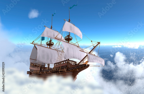 Sailboat flying above the clouds 3d illustration