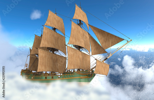 Sailboat flying above the clouds 3d illustration