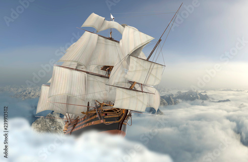 Sailboat flying above the clouds 3d illustration