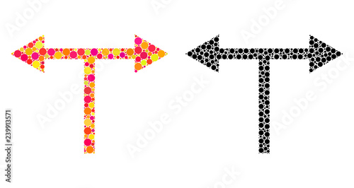 Dotted bifurcation arrows left right mosaic icons. Vector bifurcation arrows left right icons in multi-colored and black versions. Collages of irregular circle elements.
