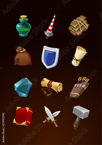game items set. vector ancient icons for rpg